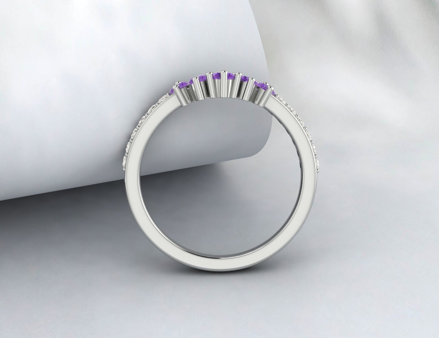Natural Amethyst Curved Wedding Band Half Eternity Fine Silver 5 Gemstone