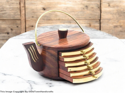 Wooden Tea Coaster Set of 6 Round Sheesham Wood with Brass Cattle Design, Gift