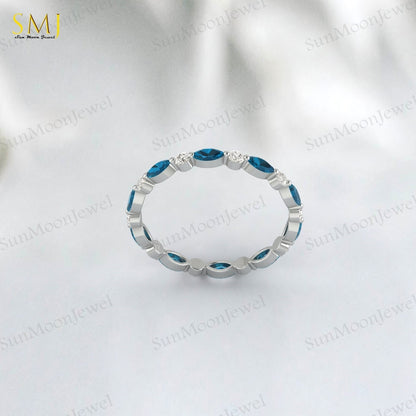 Full eternity Natural London Blue Topaz wedding band Marquise 925 Silver