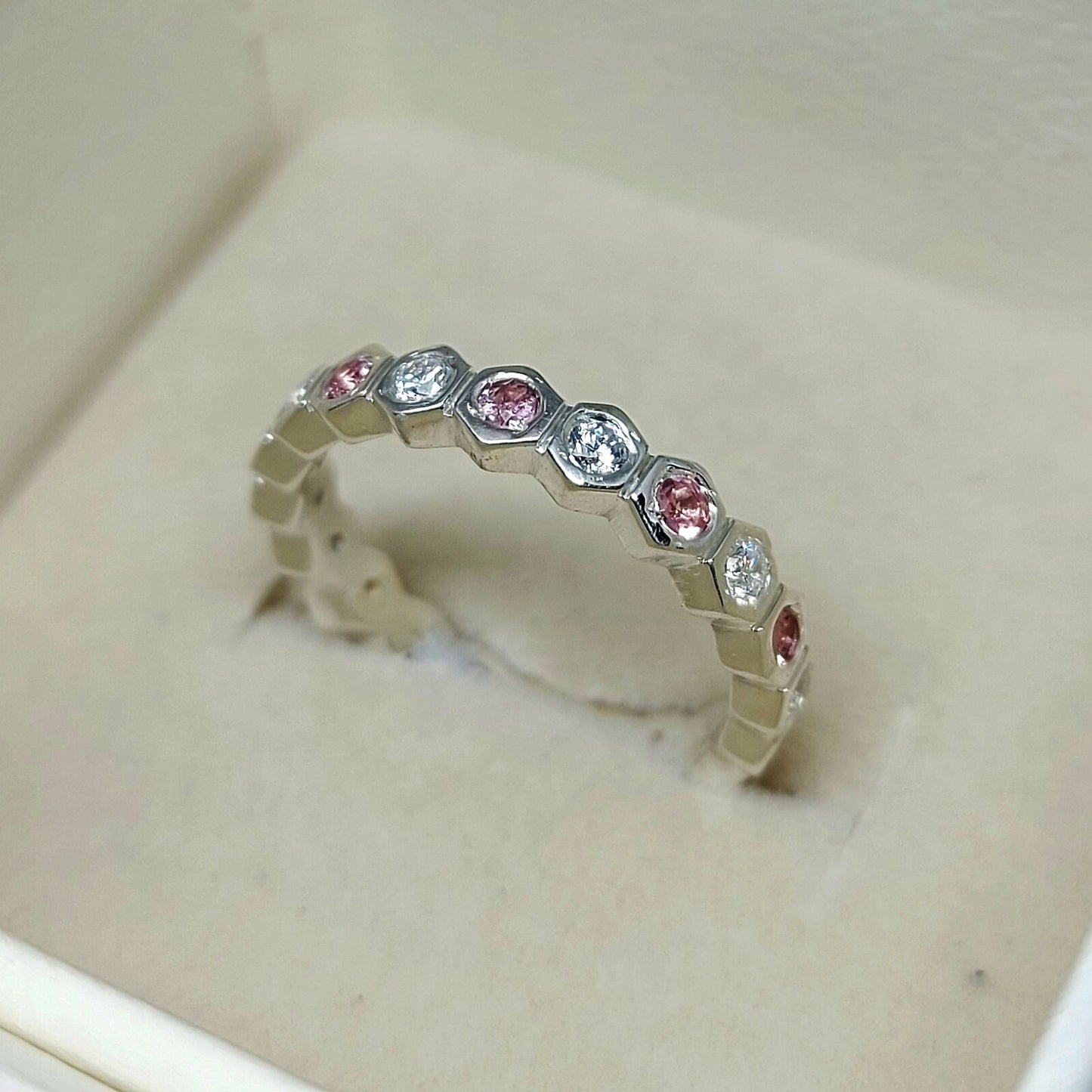 Natural Pink Tourmaline Eternity Band 925 Sterling Silver Wedding Band For Her