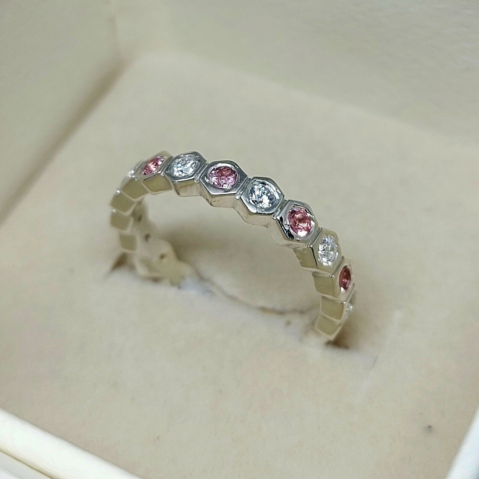 Natural Pink Tourmaline Eternity Band 925 Sterling Silver Wedding Band For Her