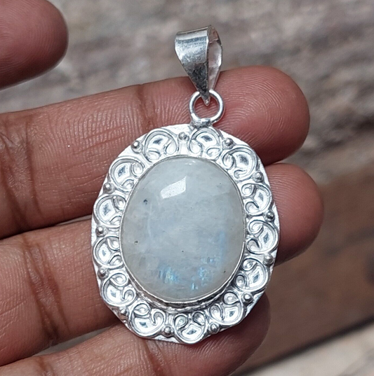 Blue Fire Rainbow Moonstone 925sterling Silver Handmade Pendant,Anniversary Gift