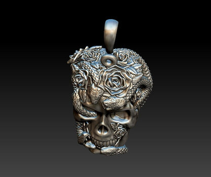Silver Skull Roses Snake Serpents Pendant US7~15 Gothic Biker Jewelry Pendant