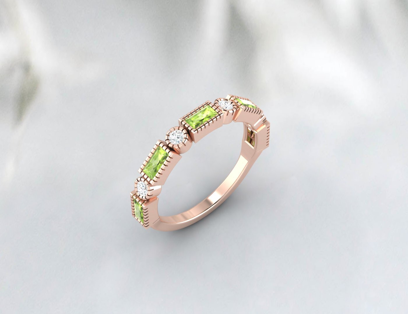 Natural Baguette Cut Peridot & Cubic Zirconia Half Eternity Fine Silver Band