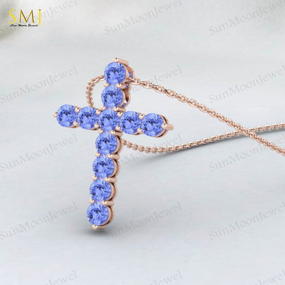 Natural Blue Tanzanite Cross Pendant 925 Sterling Silver Necklace