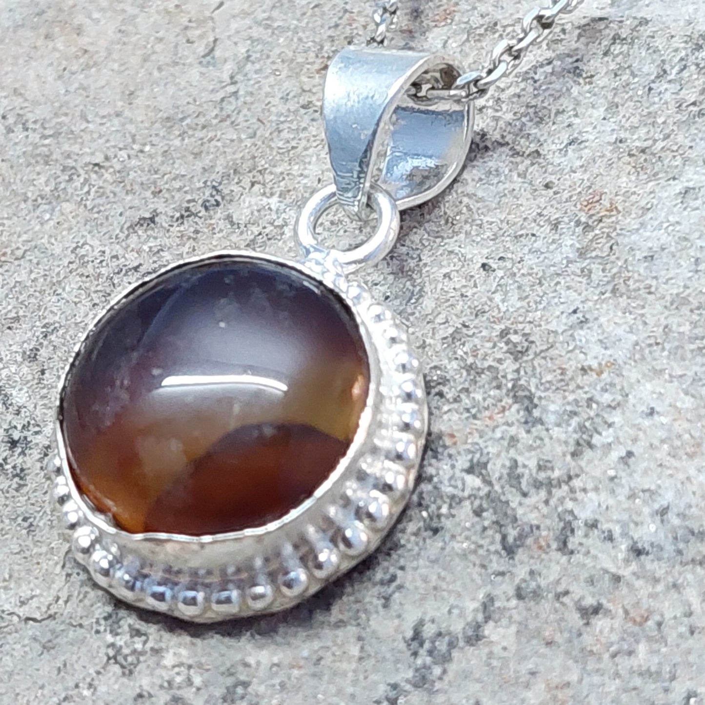925 Sterling Silver Round Shape Brown Agate Pendant Only Pendant For Women