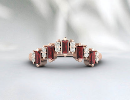 Natural Baguette Red Garnet Crown Wedding Band Fine Silver Daimond Stacking Band