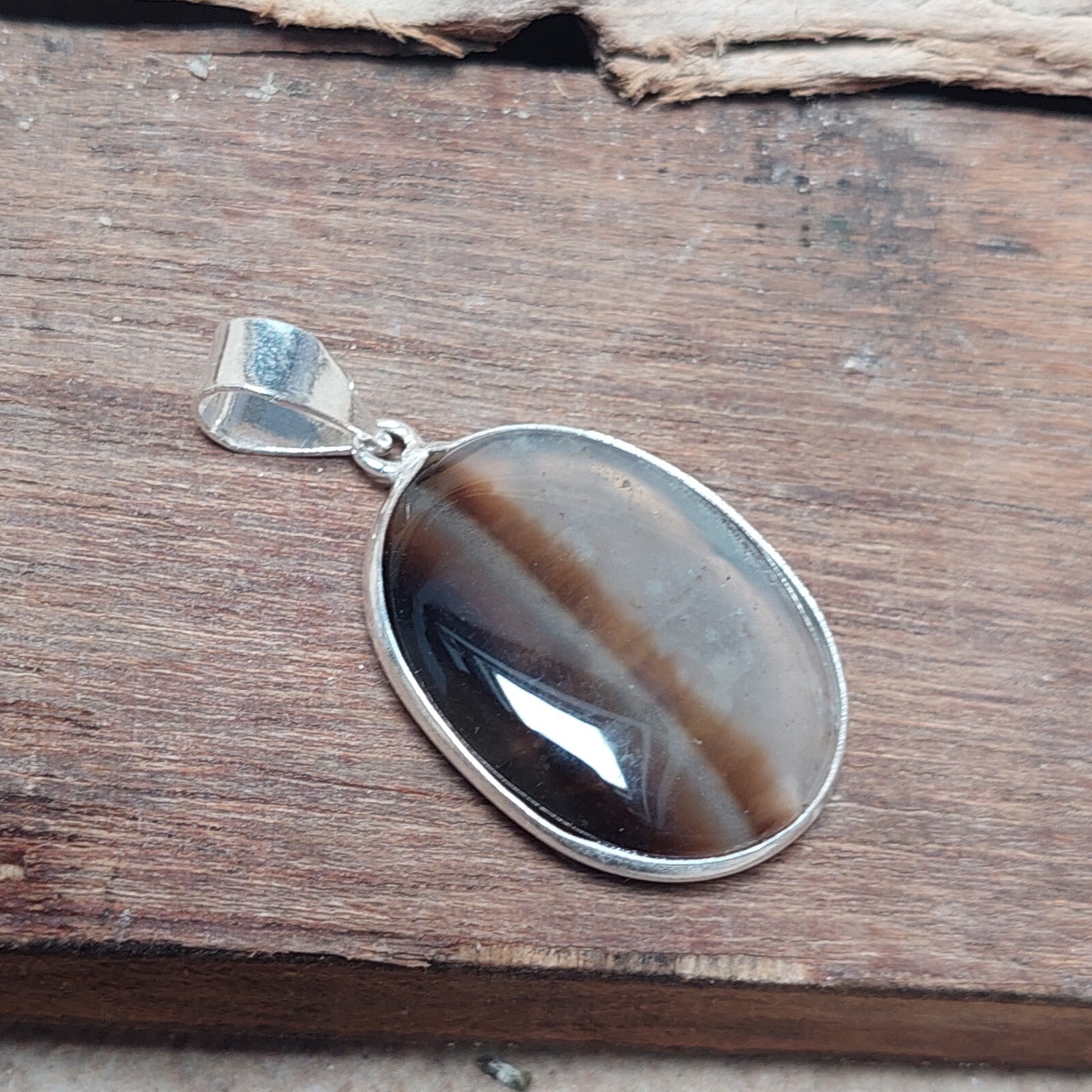 Brown Banded Agate Slice Crystal Pendant Necklace 925 Sterling Silver Women Gift