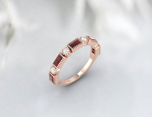 Natural Baguette Cut Red Garnet & Cubic Zirconia Half Eternity Fine Silver Band