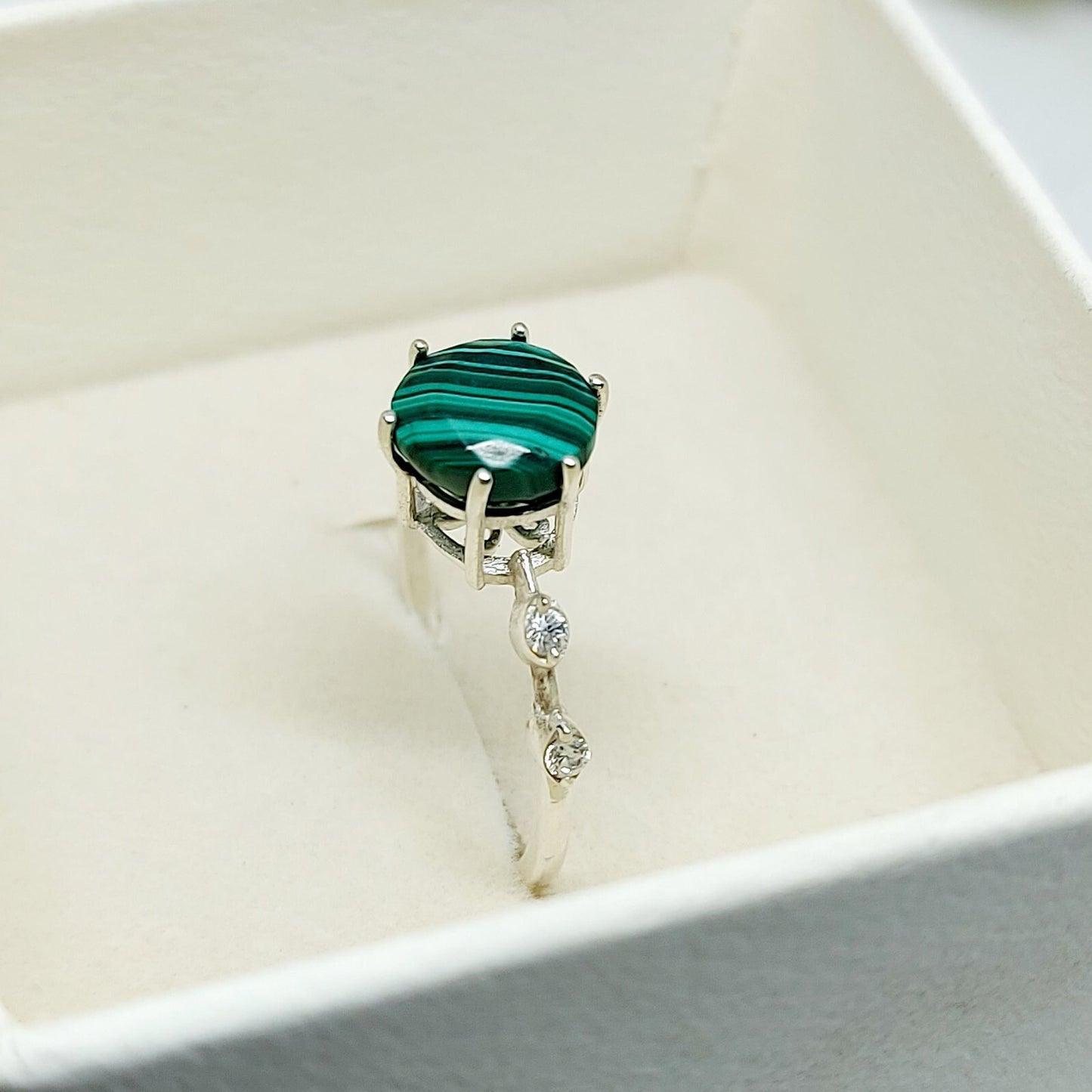 Natural Hexagon Malachite Ring 925 Sterling Silver Engagement Women's Jewelry