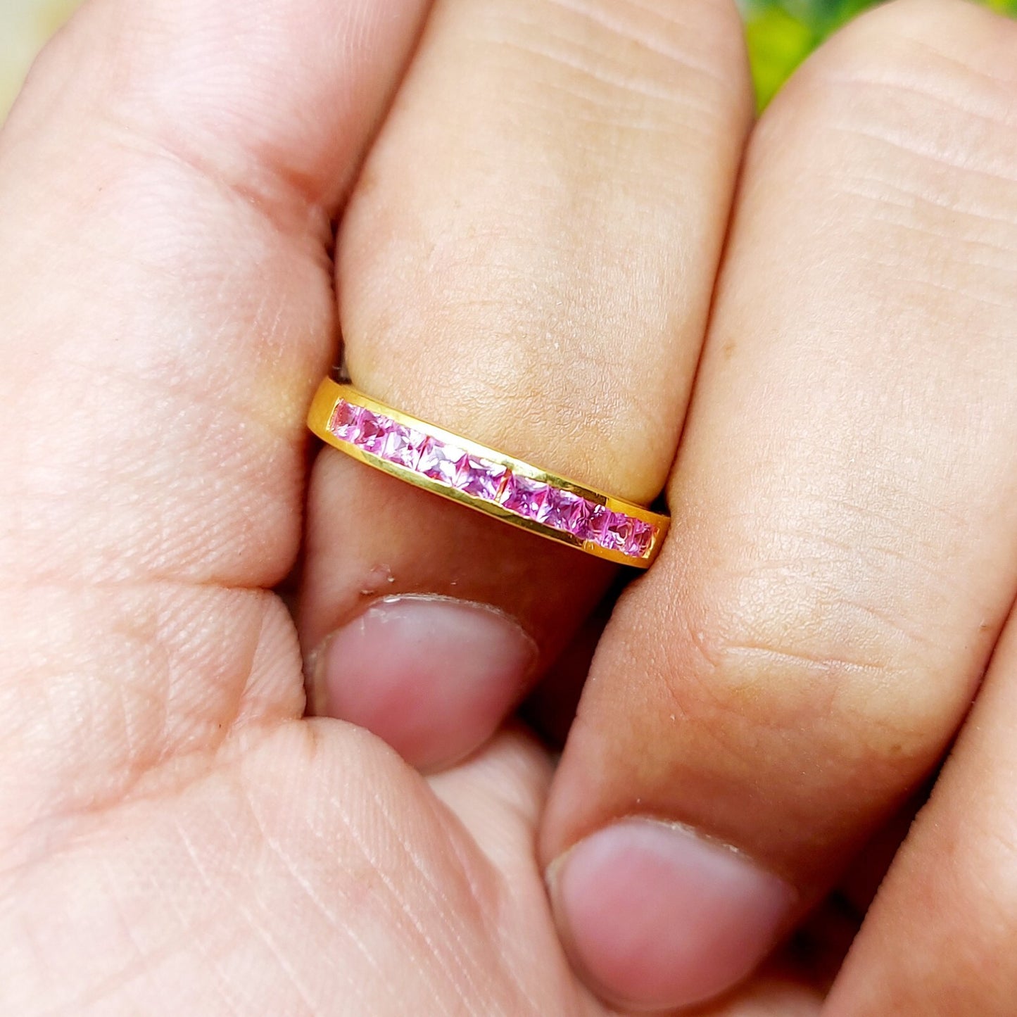 Natural Princess Cut Pink Tourmaline Band Channel Set 925 Sterling Silver Band