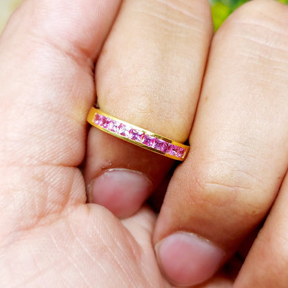 Natural Princess Cut Pink Tourmaline Band Channel Set 925 Sterling Silver Band