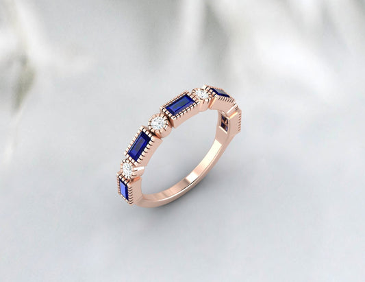 Baguette Sapphire & Cubic Zirconia Half Eternity Fine Silver Band Lab Created