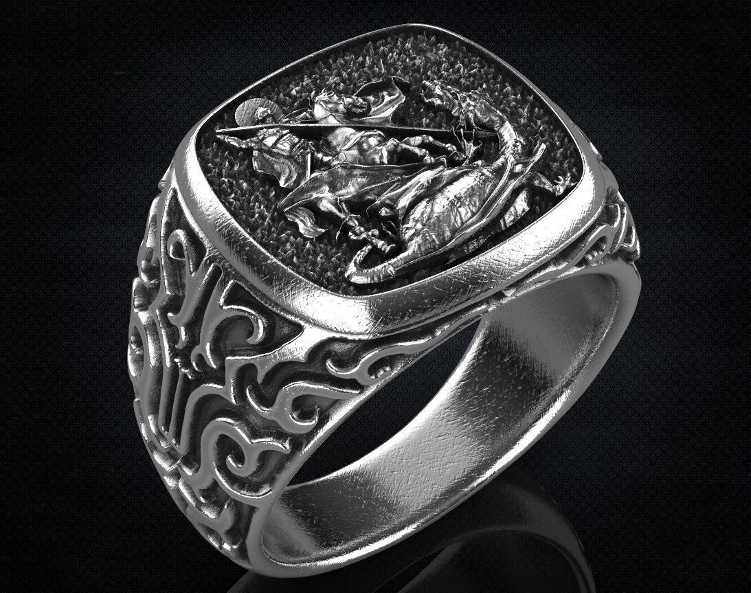 St Saint Michael Archangel Ring Sterling Silver Signet US5-15 Protection Unisex