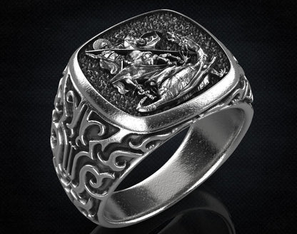 St Saint Michael Archangel Ring Sterling Silver Signet US5-15 Protection Unisex
