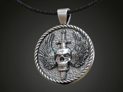 Gothic Mens Biker Skull Wings Pendant MENDEL Skull Wings Necklace Silver Jewelry