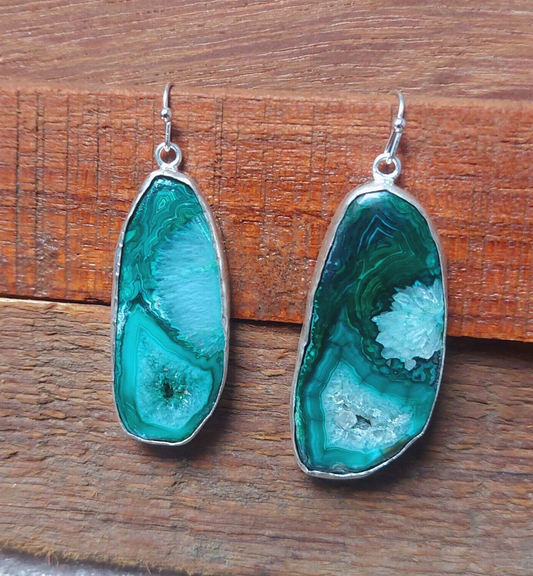 925 Sterling Silver Green Agate Slice Handmade Earrings Agate Gemstone Earrings