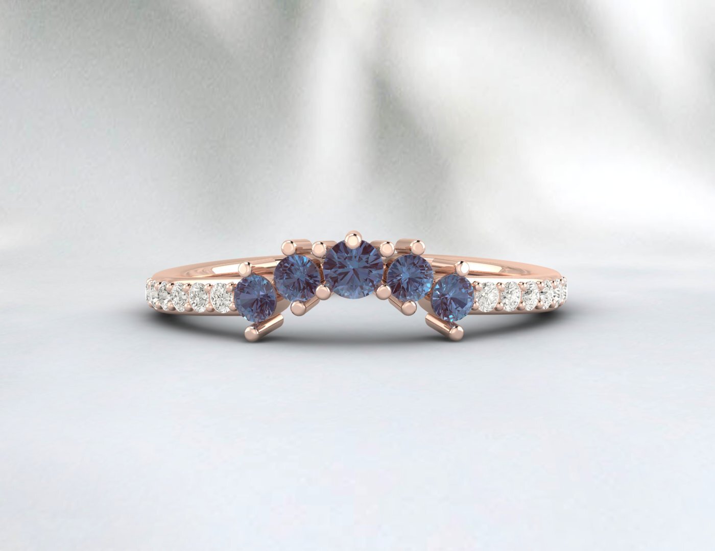 Natural Alexandrite Curved Wedding Band Half Eternity Fine Silver 5 Gemstone