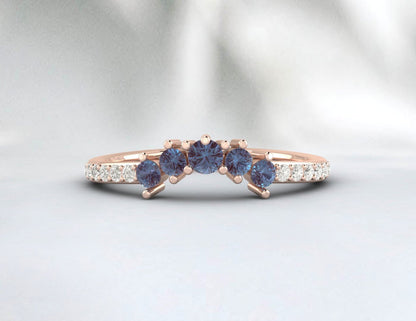 Natural Alexandrite Curved Wedding Band Half Eternity Fine Silver 5 Gemstone