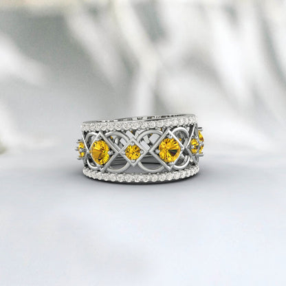 Natural Citrine Ring 925 Sterling Silver Rose Gold Wedding Band For Bride 