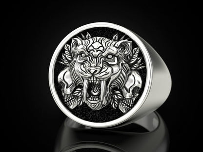 Saber Tooth Tiger Skull Ring 925 Sterling Silver Gothic Biker Rider Style US5~15