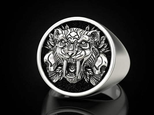 Saber Tooth Tiger Skull Ring 925 Sterling Silver Gothic Biker Rider Style US5~15