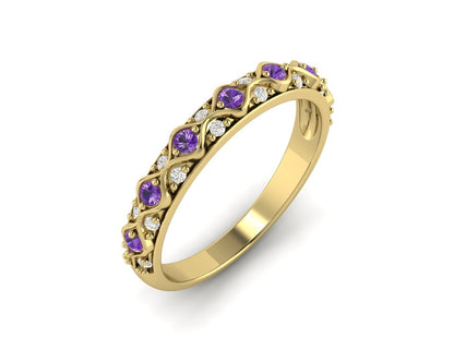 Natural Amethyst Cz Diamond Wedding Band Fine Silver Antique Unique Vintage Band