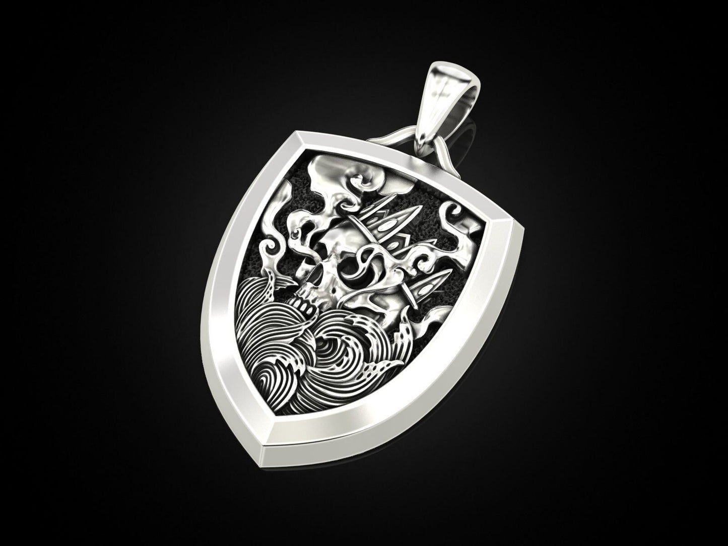 Skull Shield Pendant Men Gothic Silver King Skull With Crown Necklace Charm Gift