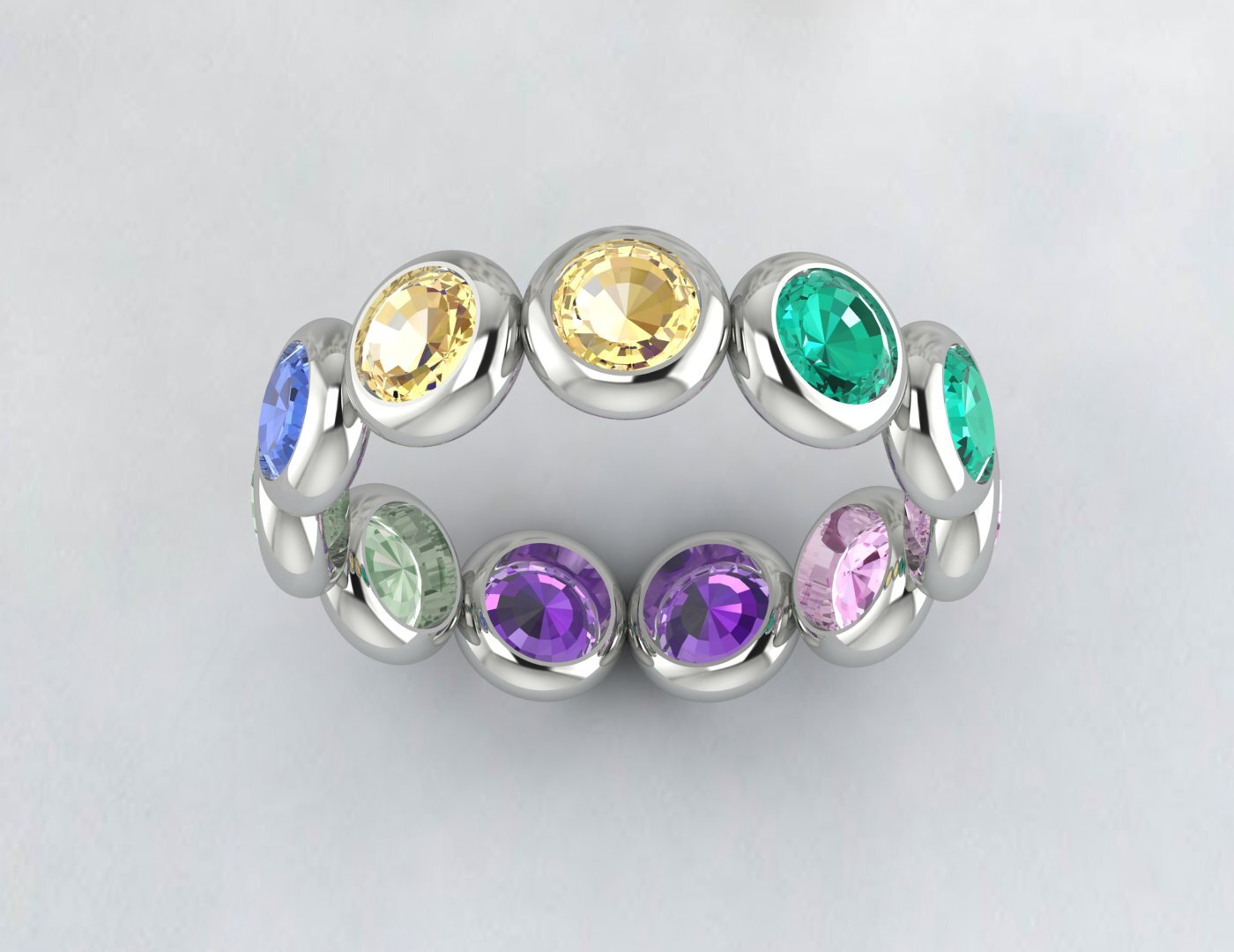 Natural Round Multi Gemstone Wedding Band Fine Silver Bezal Set Eternity Band