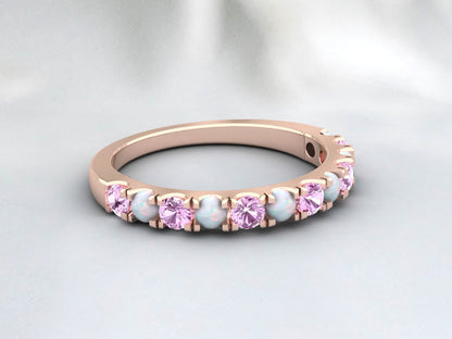Natural Round Opal And Pink Sapphire Half Eternity Band Fine Silver Wedding Band