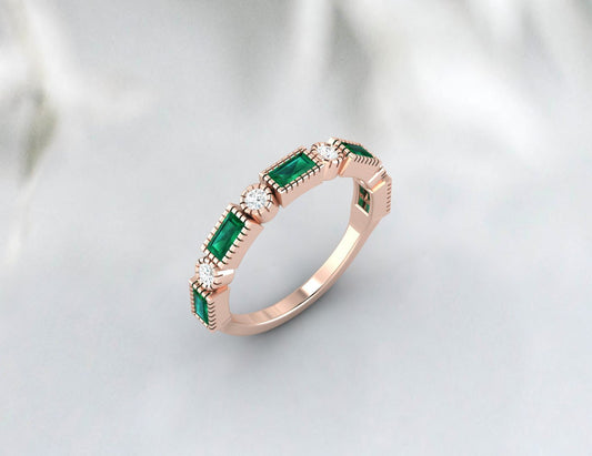 Baguette Cut Emerald & Cubic Zirconia Half Eternity Fine Silver Band Lab Created