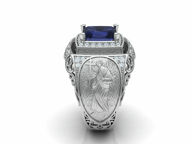 925 Silver Archangel Saint Michael Cross Sapphire Biker Ring Men US5-15 Gift