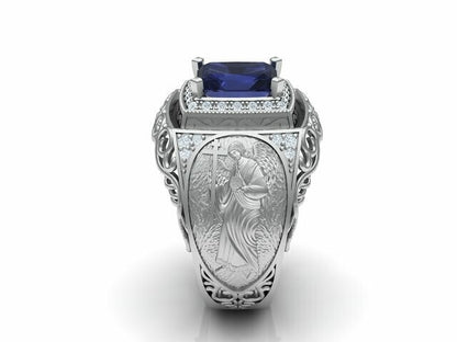 925 Silver Archangel Saint Michael Cross Sapphire Biker Ring Men US5-15 Gift
