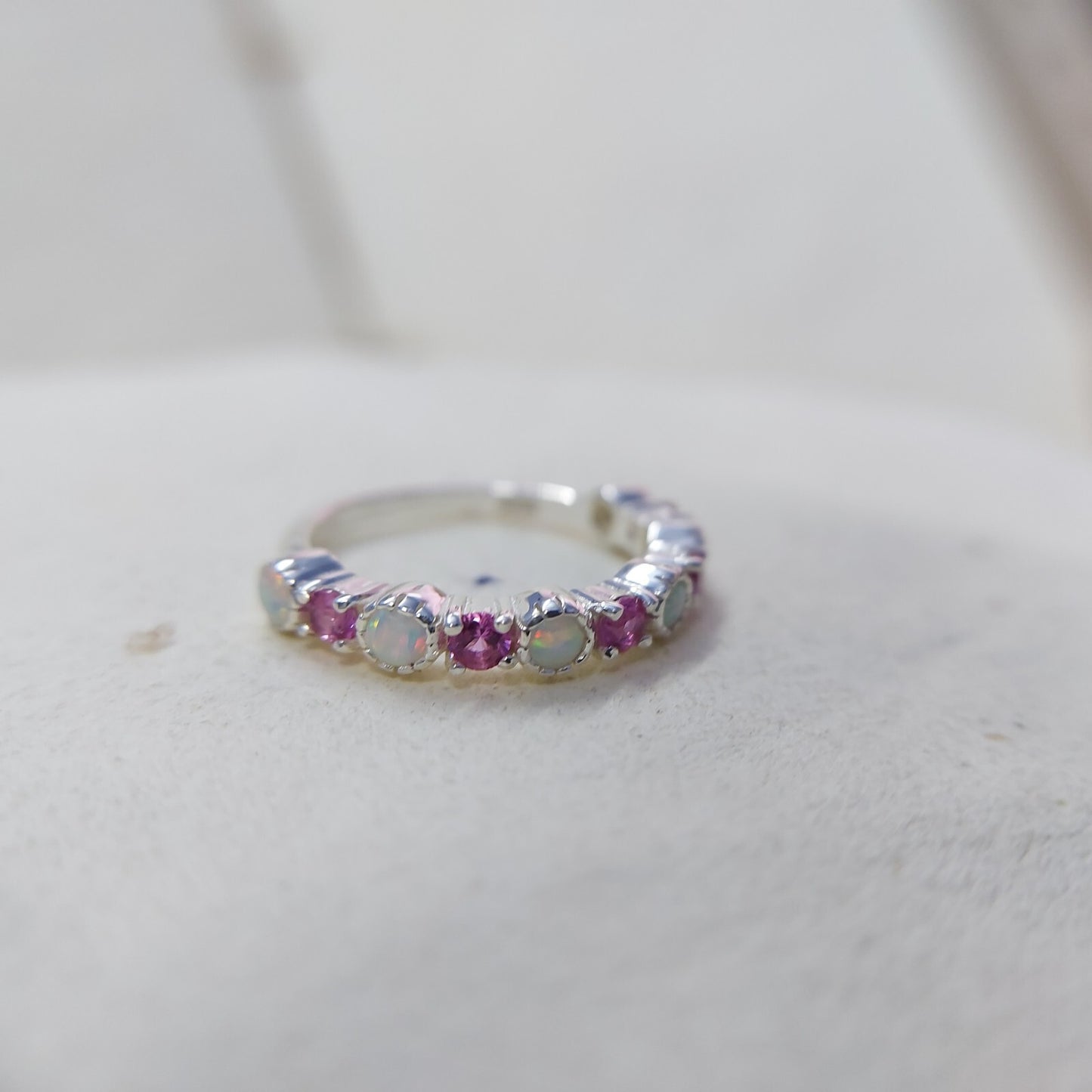 Opal and Ruby Wedding Ring Half Eternity Band Silver Stackable Band Gift Us5~ 15
