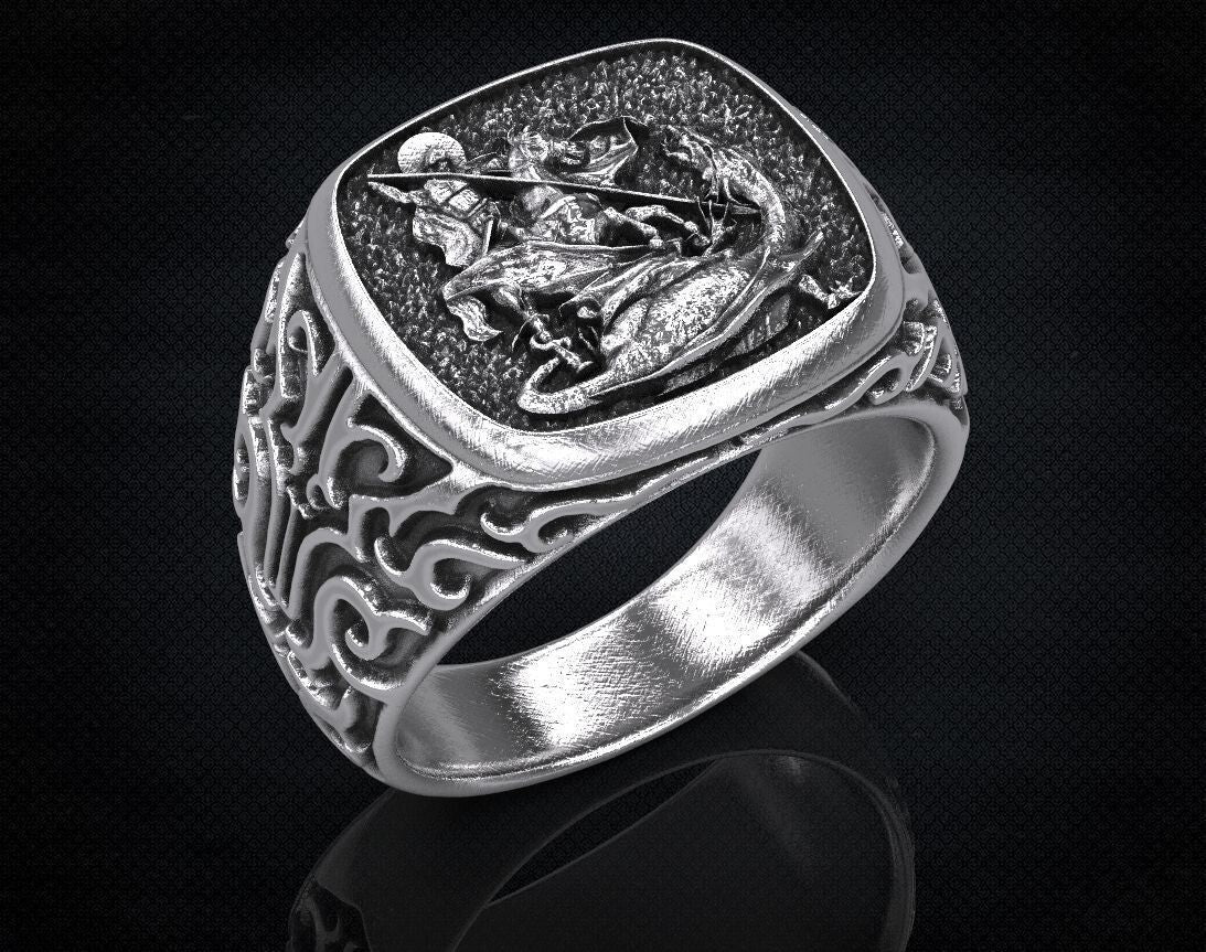St Saint Michael Archangel Ring Sterling Silver Signet US5-15 Protection Unisex