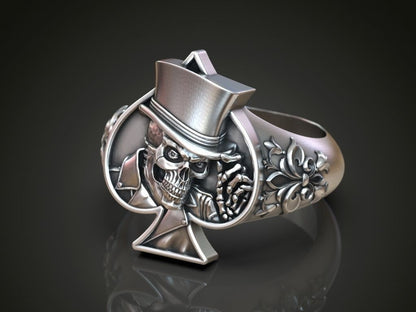 925 Silver Lucky Ace Spade Skull Hat Ring Casino Gothic Biker Poker Style US5~15