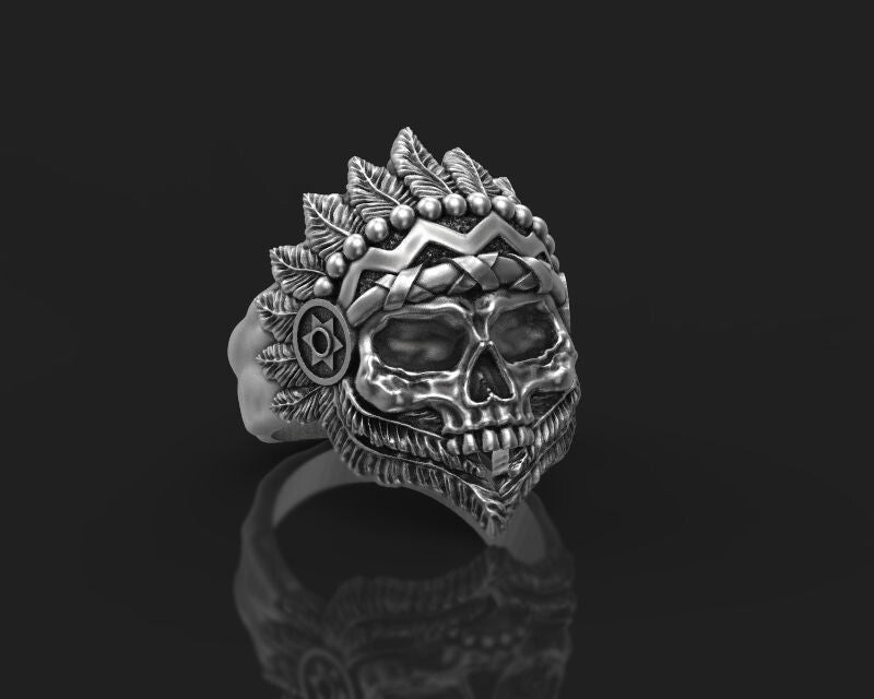 Silver Skull Indian Tribal Chief Ring US5-15 Handmade Statement Skull Ring Men
