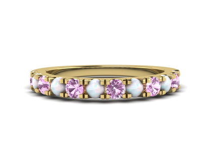 Natural Round Opal And Pink Sapphire Half Eternity Band Fine Silver Wedding Band