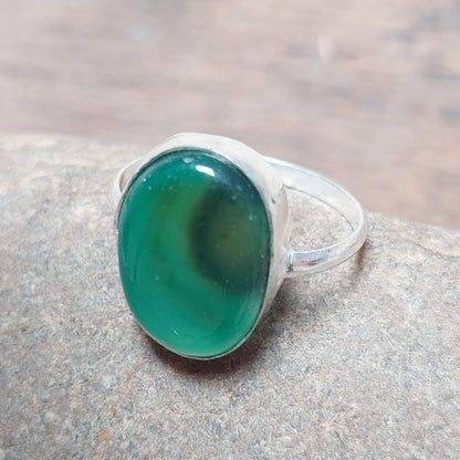 925 Sterling Silver Ring Natural Green Agate Gemstone Ring Birthstone Women Ring