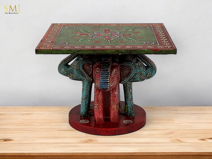 Elephant Top Table Square Teak Wood Elephant Table Hand Painted Elephant Gift