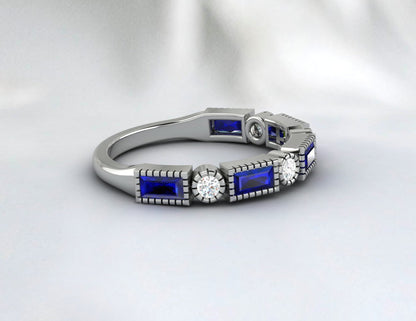 Baguette Sapphire & Cubic Zirconia Half Eternity Fine Silver Band Lab Created