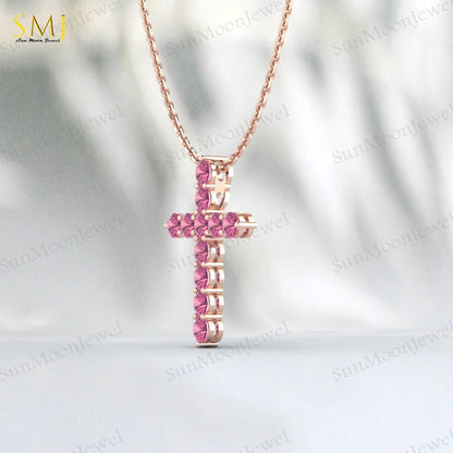 925 Silver Natural Pink Tourmaline Cross Necklace Pendant December Birthstone