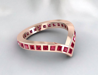 Princess Cut Red Ruby Wedding Band Fine Silver Lab Created Curved Band Bezal Set