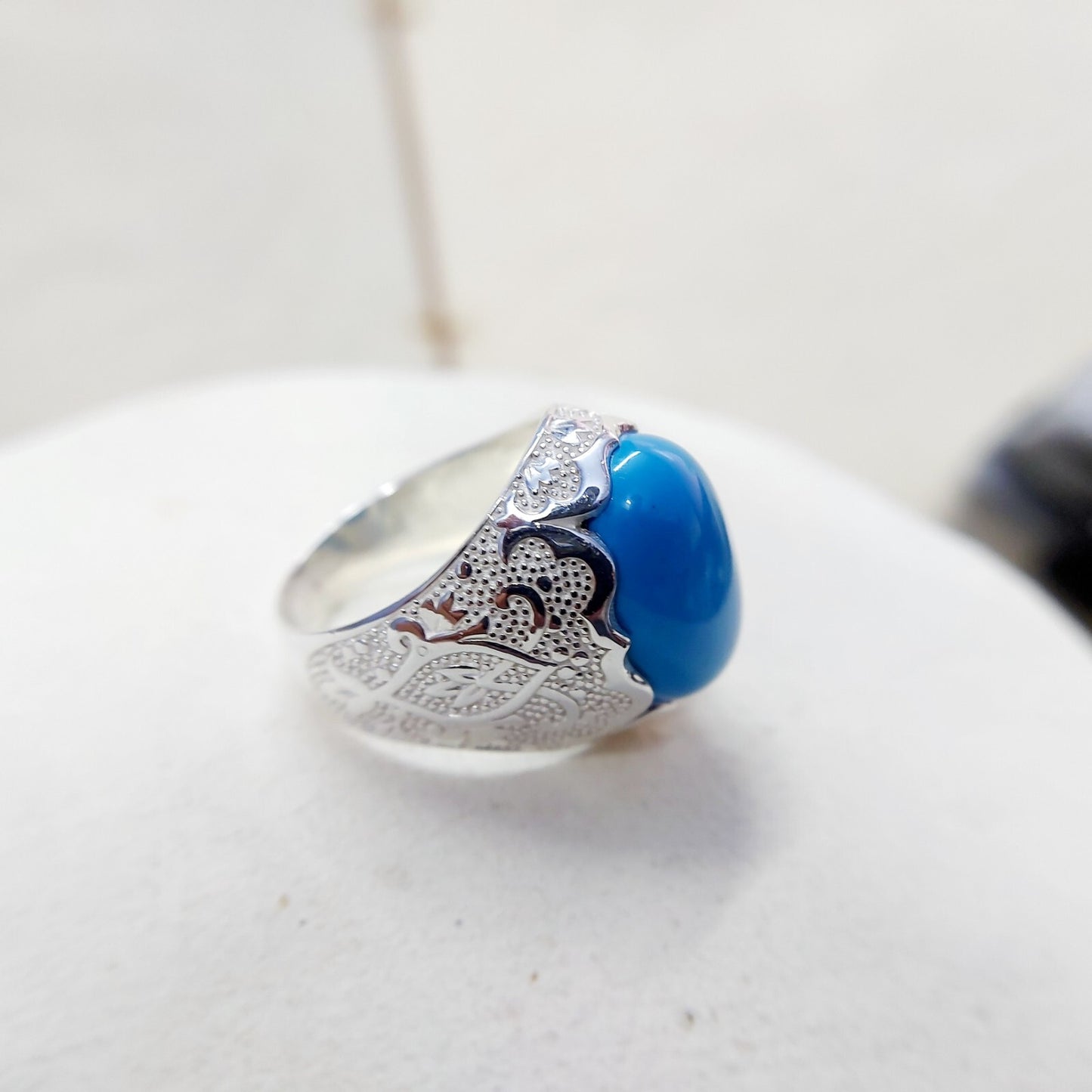 Solid 925 Silver Natural Lite Blue Turquoise Gemstone Birthday Gift Men's US5~15