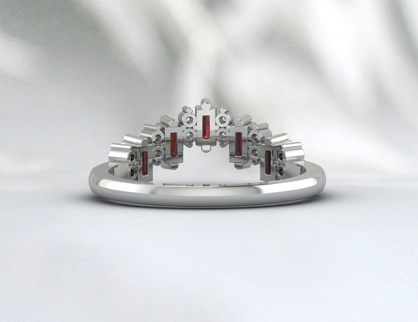 Natural Baguette Red Garnet Crown Wedding Band Fine Silver Daimond Stacking Band