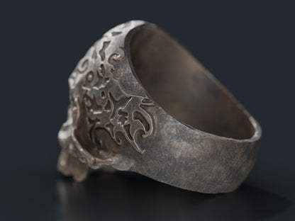 Retro Gothic Flower Carved Skull Ring Silver Skeleton Punk Signet Ring US5-15
