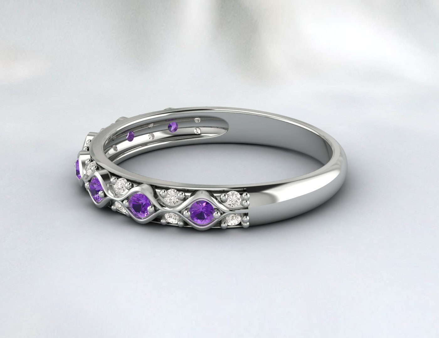 Natural Amethyst Cz Diamond Wedding Band Fine Silver Antique Unique Vintage Band