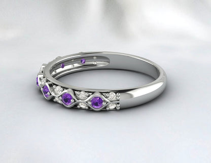 Natural Amethyst Cz Diamond Wedding Band Fine Silver Antique Unique Vintage Band