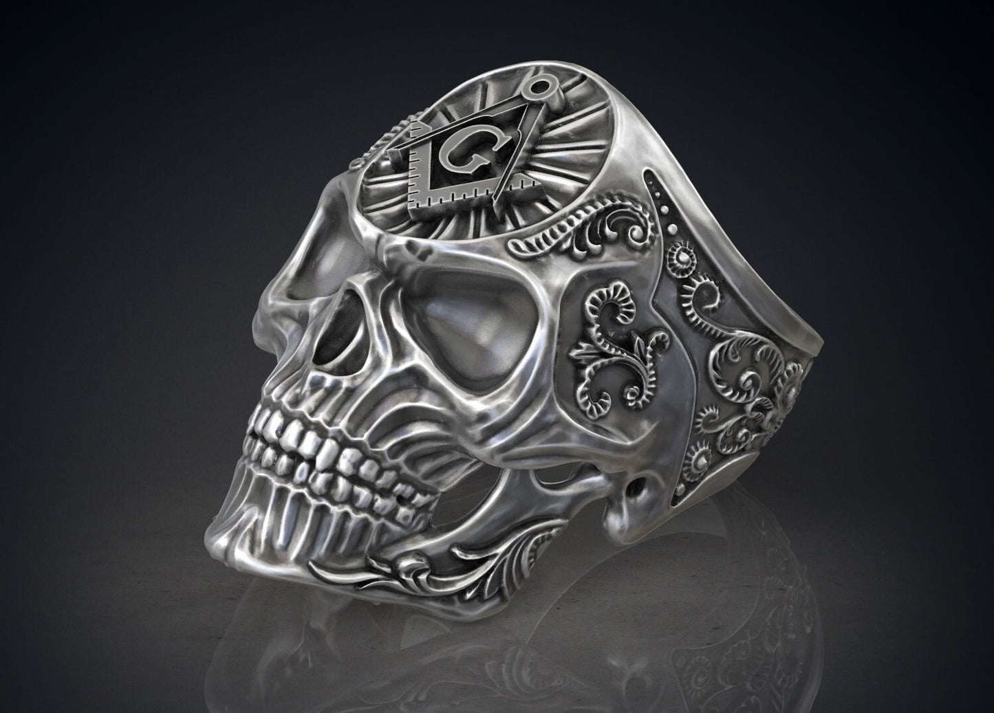 Masonic Skull Ring Oxidized Silver Gothic Freemason Biker Ring For Men US5-15