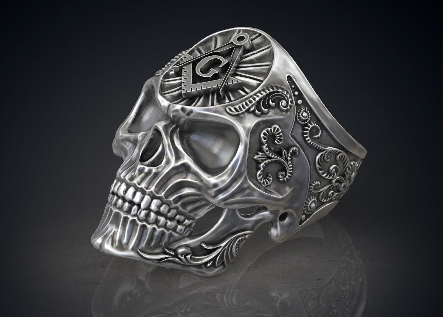 Masonic Skull Ring Oxidized Silver Gothic Freemason Biker Ring For Men US5-15